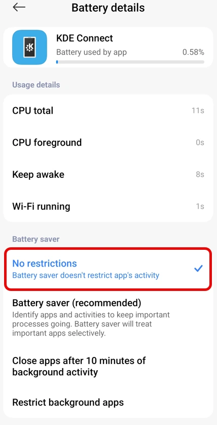KDE Connect battery restrictions