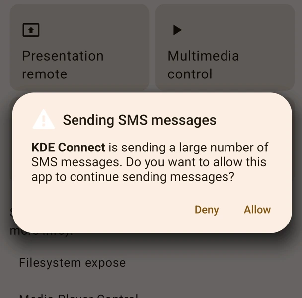 Android popup asking to allow KDE Connect to keep sending SMS