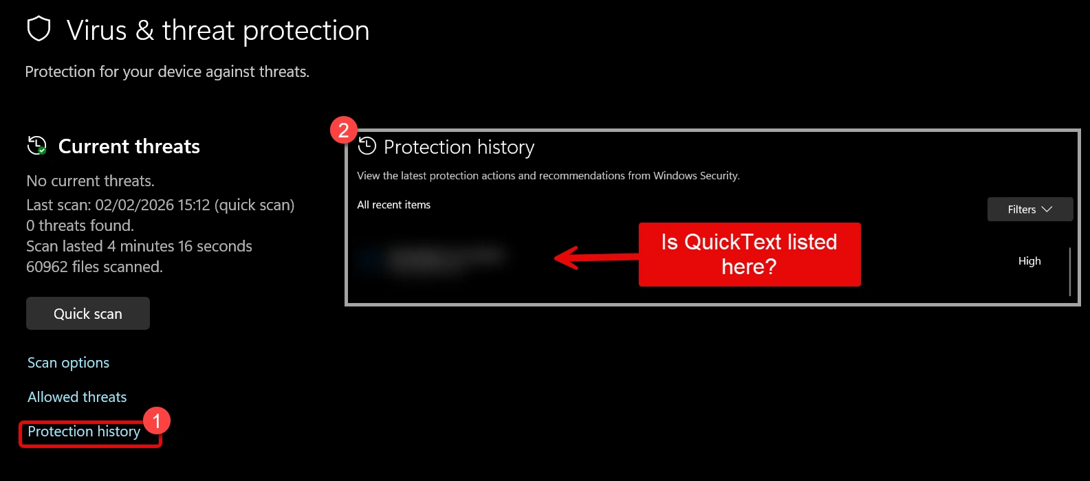Windows Defender protection history