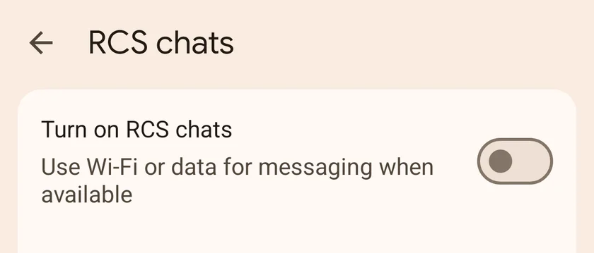 Google Messages RCS chats settings with the Turn on RCS chats switch turned off