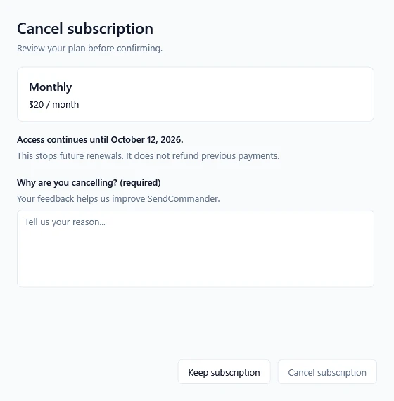 Cancelling a subscription on the SendCommander Account page