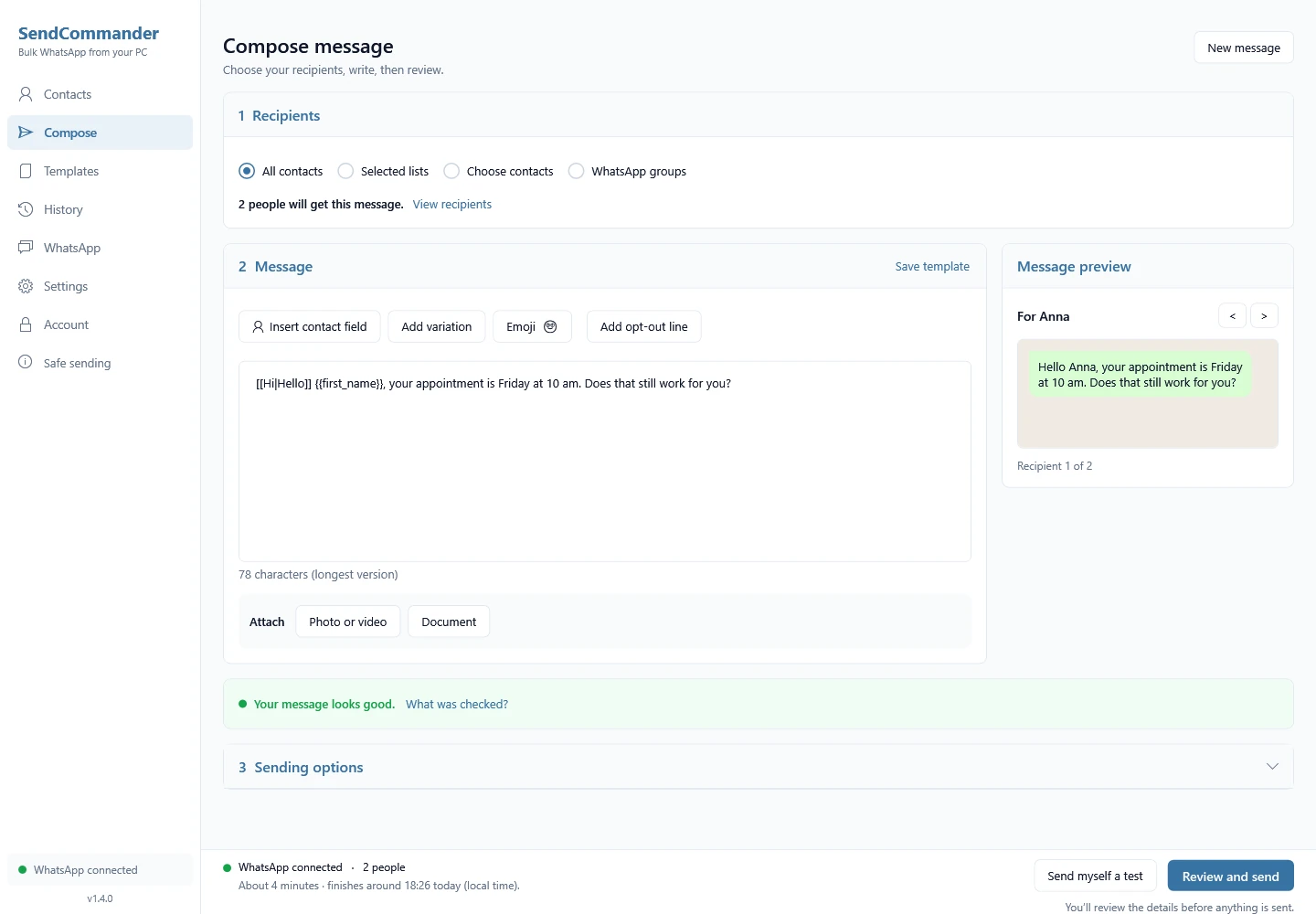 SendCommander Compose with recipients, personalized preview and estimated local finish time
