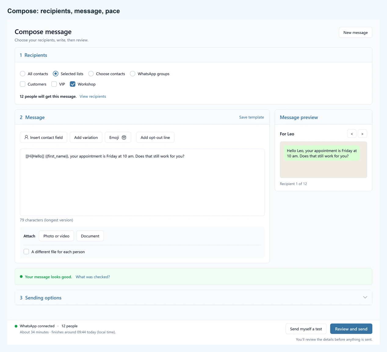 SendCommander Compose with the recipient lists, the message with its preview, Sending options and the estimated finish time beside the send buttons
