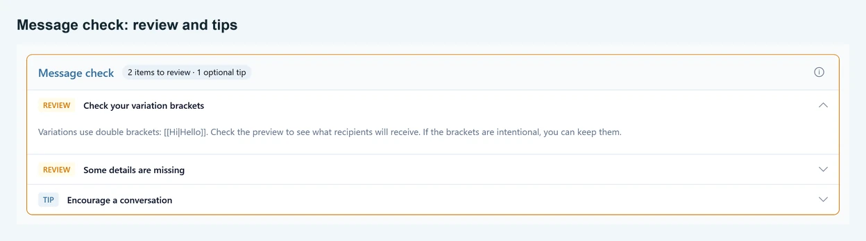 The Message check card on Compose with two items marked REVIEW and one TIP, the first item opened to show its explanation