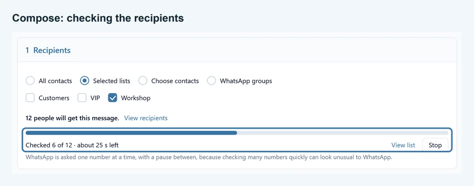 The Recipients card on Compose while a check runs, with the progress bar, View list and Stop