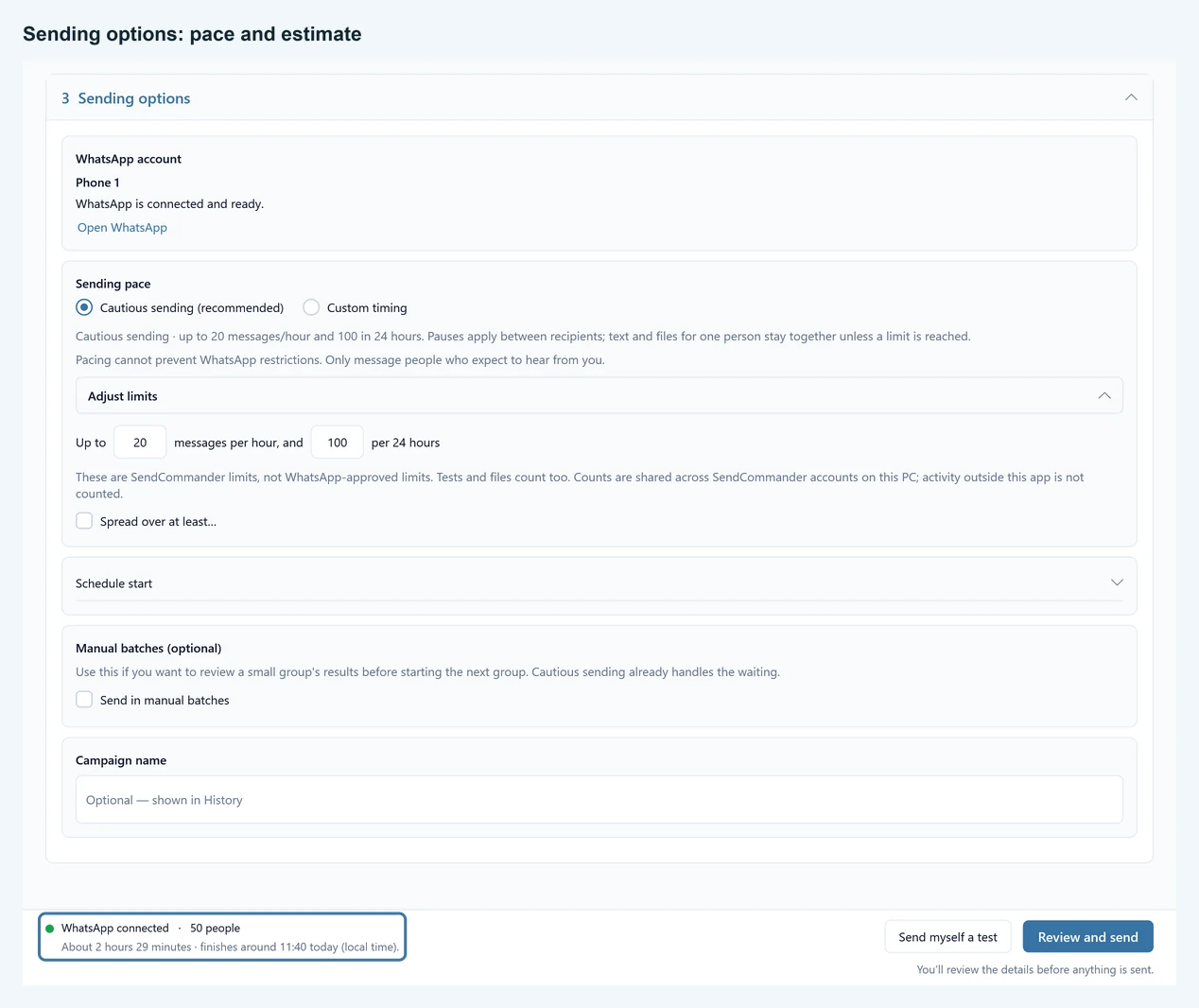 Compose, Sending options: Sending pace with Cautious sending and Custom timing, Adjust limits, Schedule start, Send in manual batches and the estimated finish time beside the send buttons