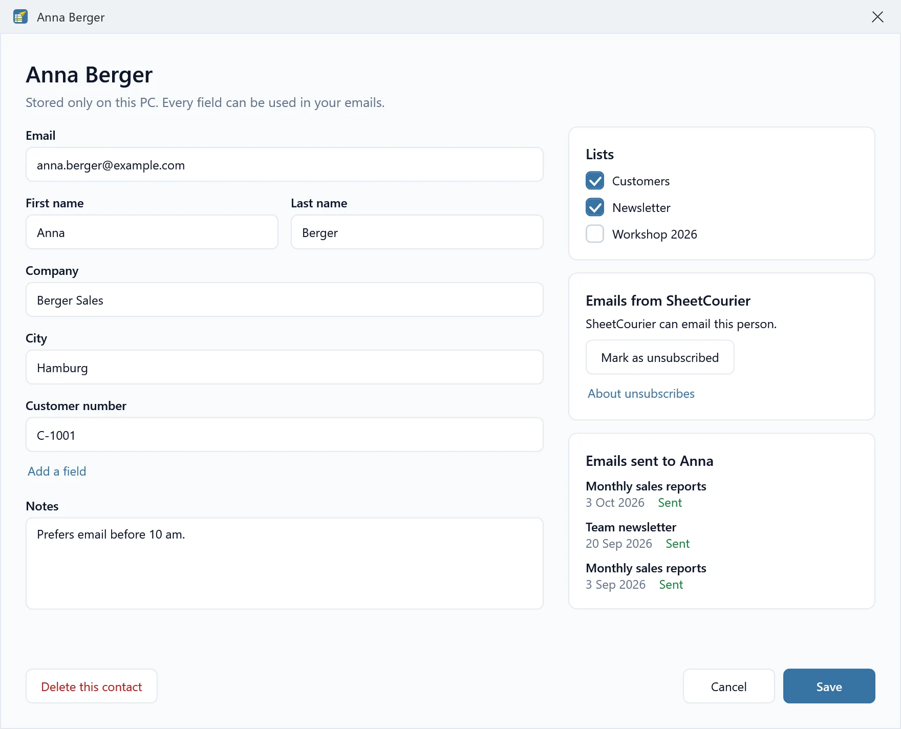 The details of Anna Berger: email, first and last name, company, the fields City and Customer number, Add a field and Notes, and on the right her lists, the Mark as unsubscribed button and the emails sent to her with their dates.