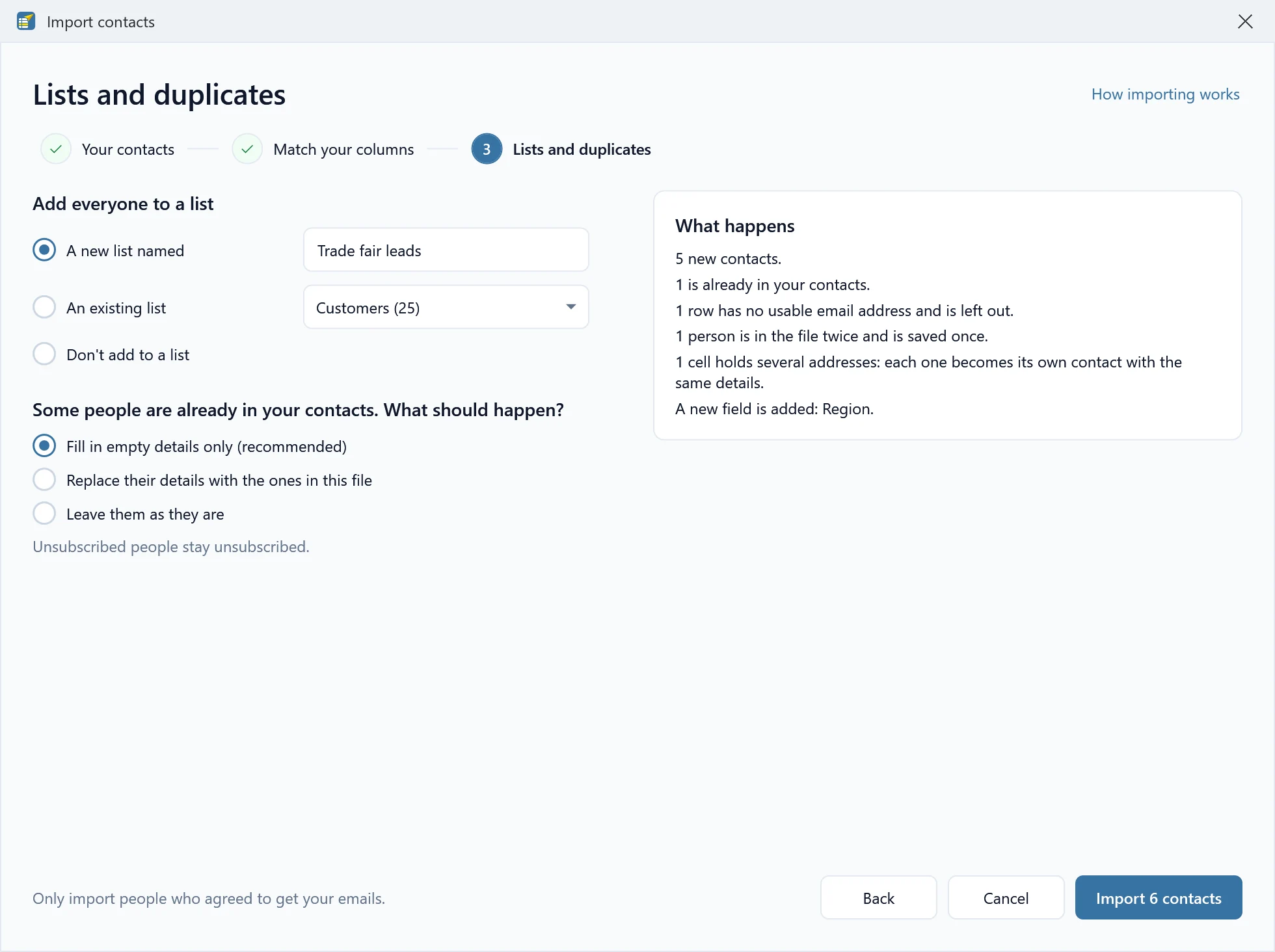 Lists and duplicates: everyone goes into a new list named Trade fair leads, people already in your contacts only get their empty details filled in, and a summary of what happens next to the Import 6 contacts button.