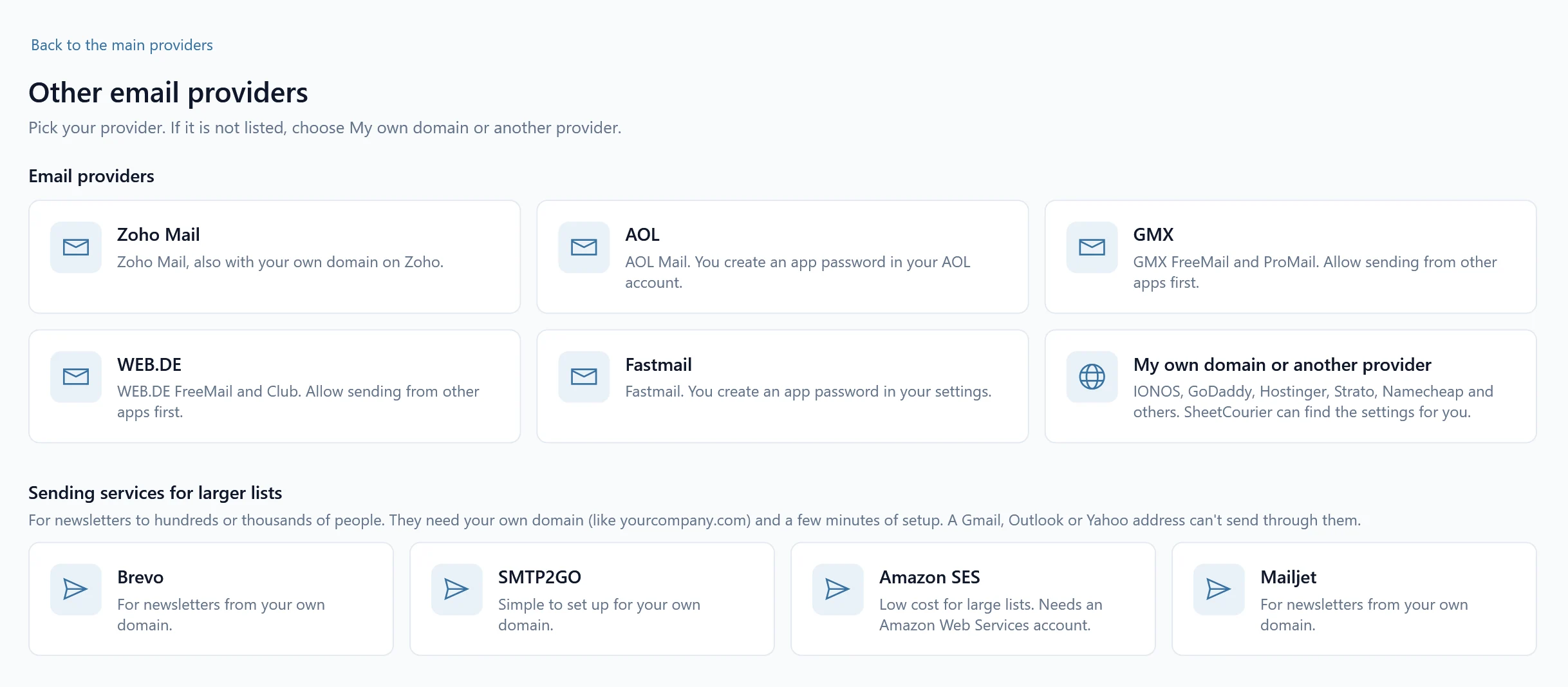 The Other email providers screen with tiles for Zoho Mail, AOL, GMX, WEB.DE, Fastmail and My own domain or another provider, and the sending services below.