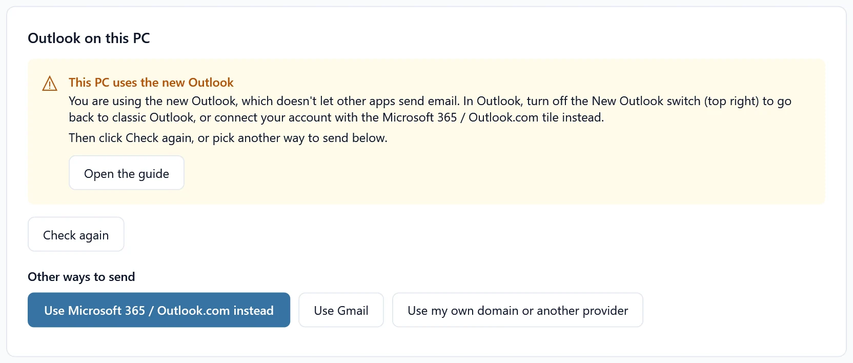 Use Outlook on this PC showing This PC uses the new Outlook, with buttons to use Microsoft 365 / Outlook.com, Gmail or your own domain instead.