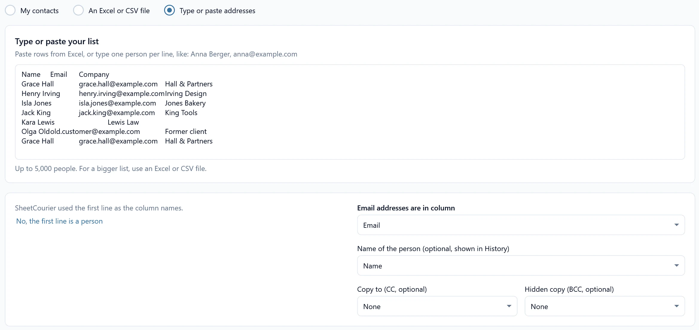A pasted list whose first line is Name, Email, Company: the note that SheetCourier used the first line as the column names, the link No, the first line is a person, and the email and name columns picked.
