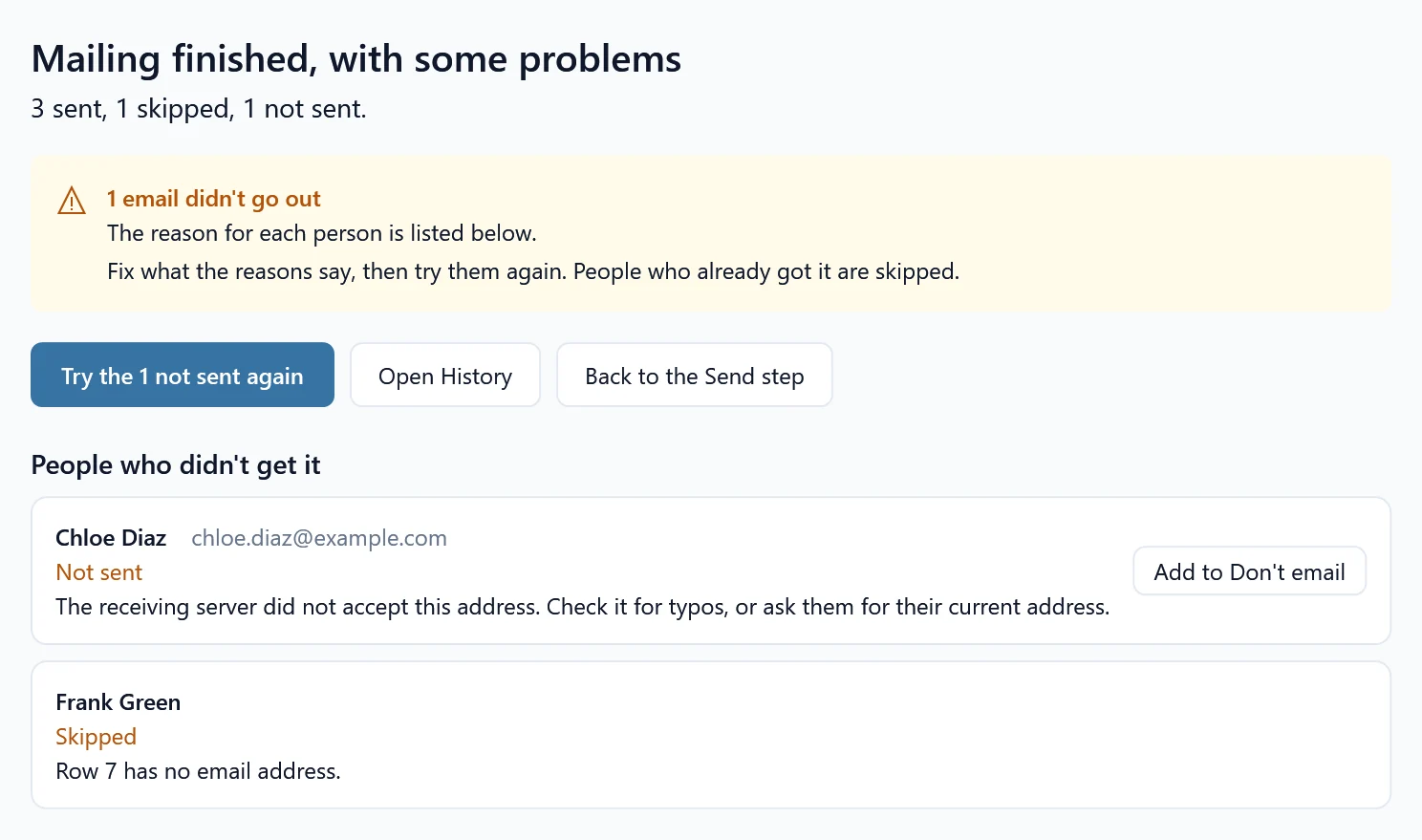 The result after a mailing with problems: counts of sent, skipped and not sent, the reason for each person, and the button to try the ones not sent again.