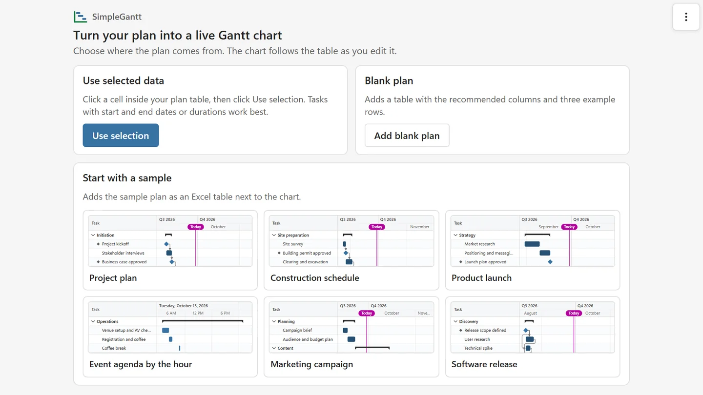 A new SimpleGantt chart frame with Use selected data, Blank plan and six sample plans to start from