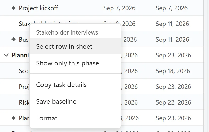 Right-click menu of a task with Select row in sheet, Show only this phase, Copy task details, Save baseline and Format