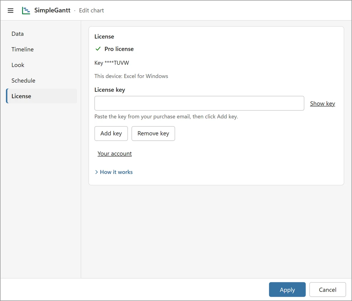 The License tab of the chart editor showing an active Pro license with the key ending in TUVW, Add key, Remove key and Your account