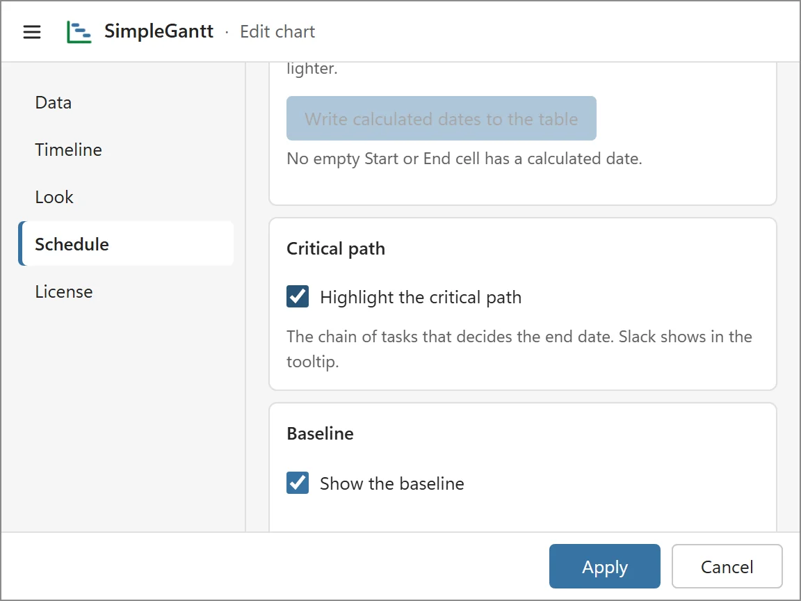 The Schedule tab of the chart editor with Highlight the critical path turned on