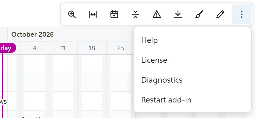 The More options menu of a chart with Help, License, Diagnostics and Restart add-in