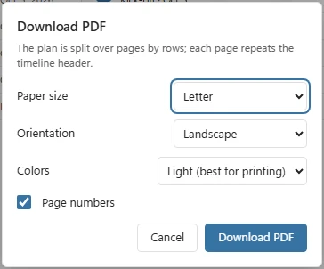 The Download PDF options with Paper size, Orientation, Colors set to Light (best for printing), Page numbers, Cancel and Download PDF