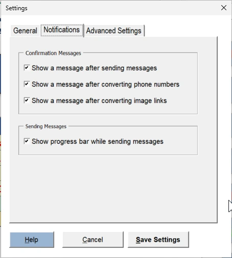 The Notifications section, with confirmation message and progress bar options