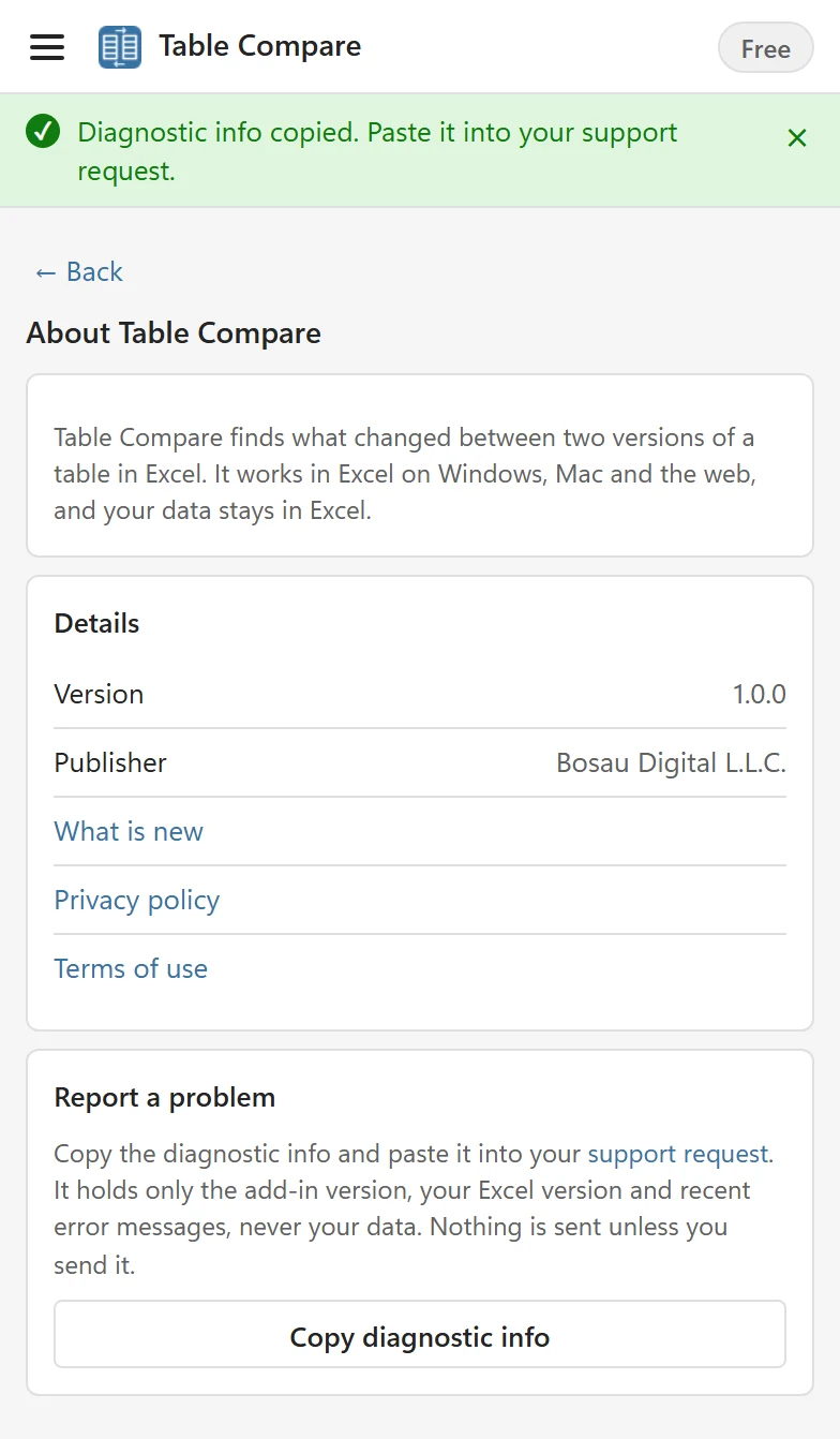 The About view with the version, the publisher and the Copy diagnostic info button