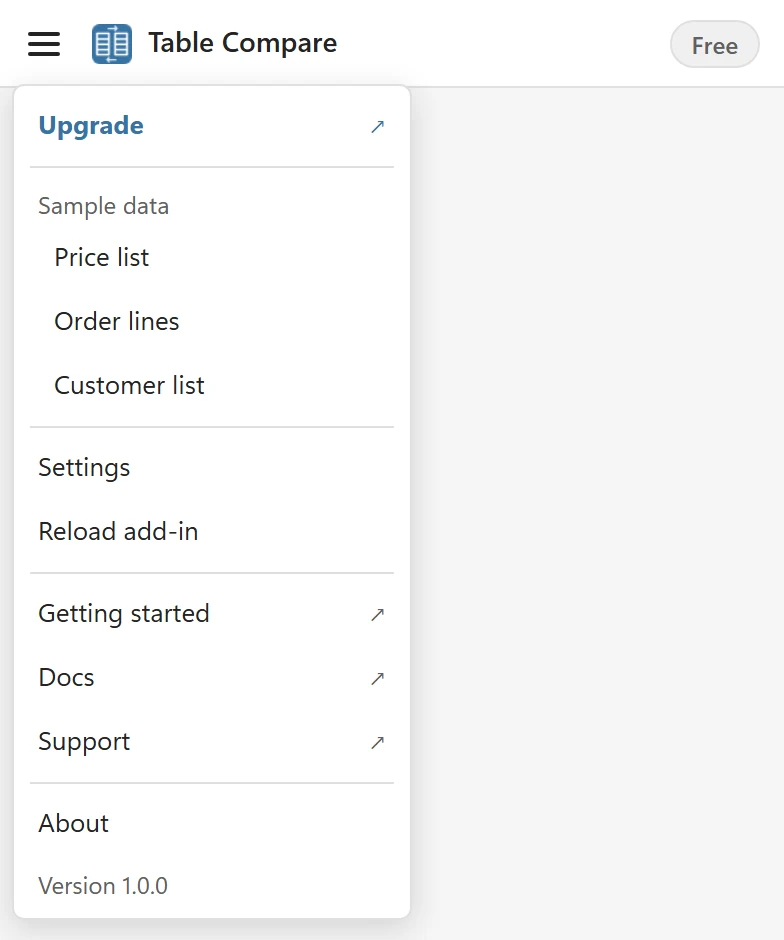 The Table Compare menu with Upgrade (shown on the Free version), Sample data (Price list, Order lines, Customer list), Settings, Reload add-in, Getting started, Docs, Support and About
