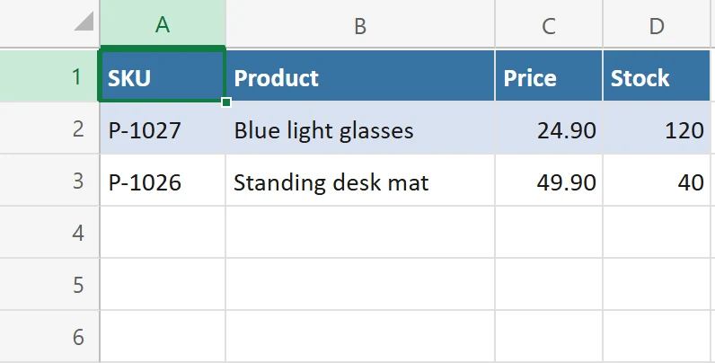 The New rows sheet with a header row and the two new rows as an Excel table