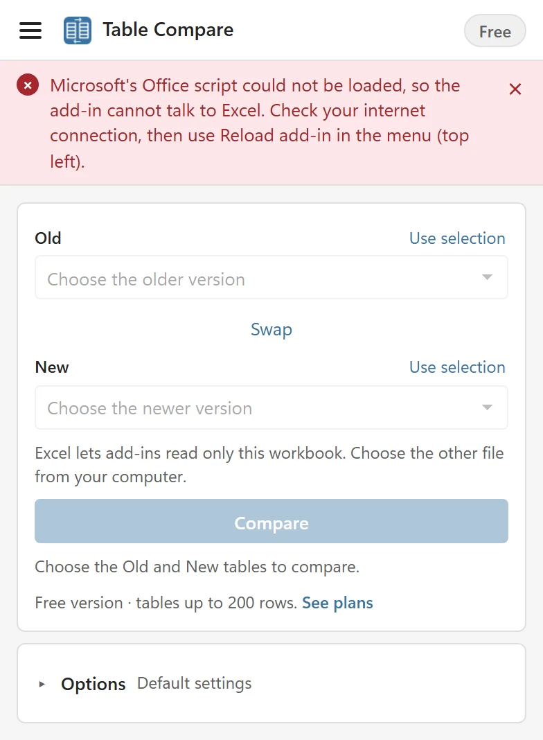 The pane with a red message saying Microsoft's Office script could not be loaded, above the empty Old and New lists