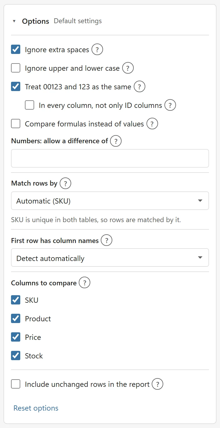 The Options section opened with the checkboxes Ignore extra spaces, Ignore upper and lower case, Treat 00123 and 123 as the same, Compare formulas instead of values, the number tolerance, Match rows by, First row has column names, Columns to compare and Reset options
