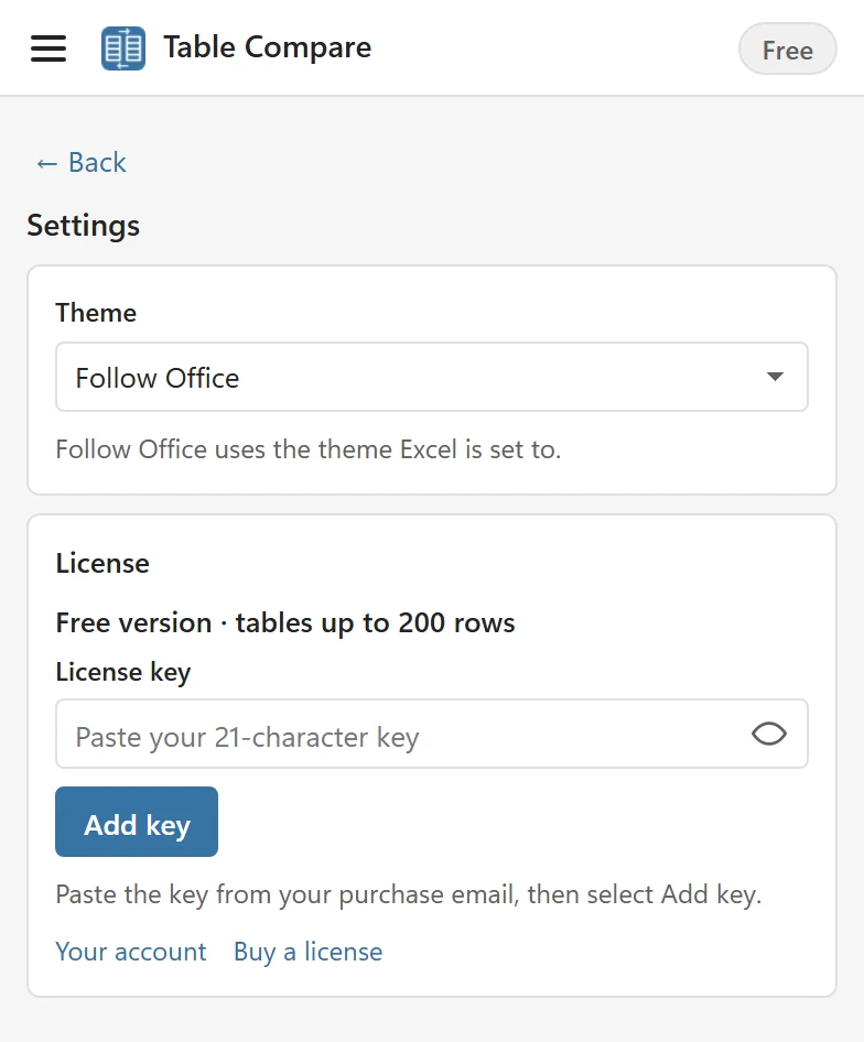 The License block in Settings reading Free version, tables up to 200 rows, with the License key field