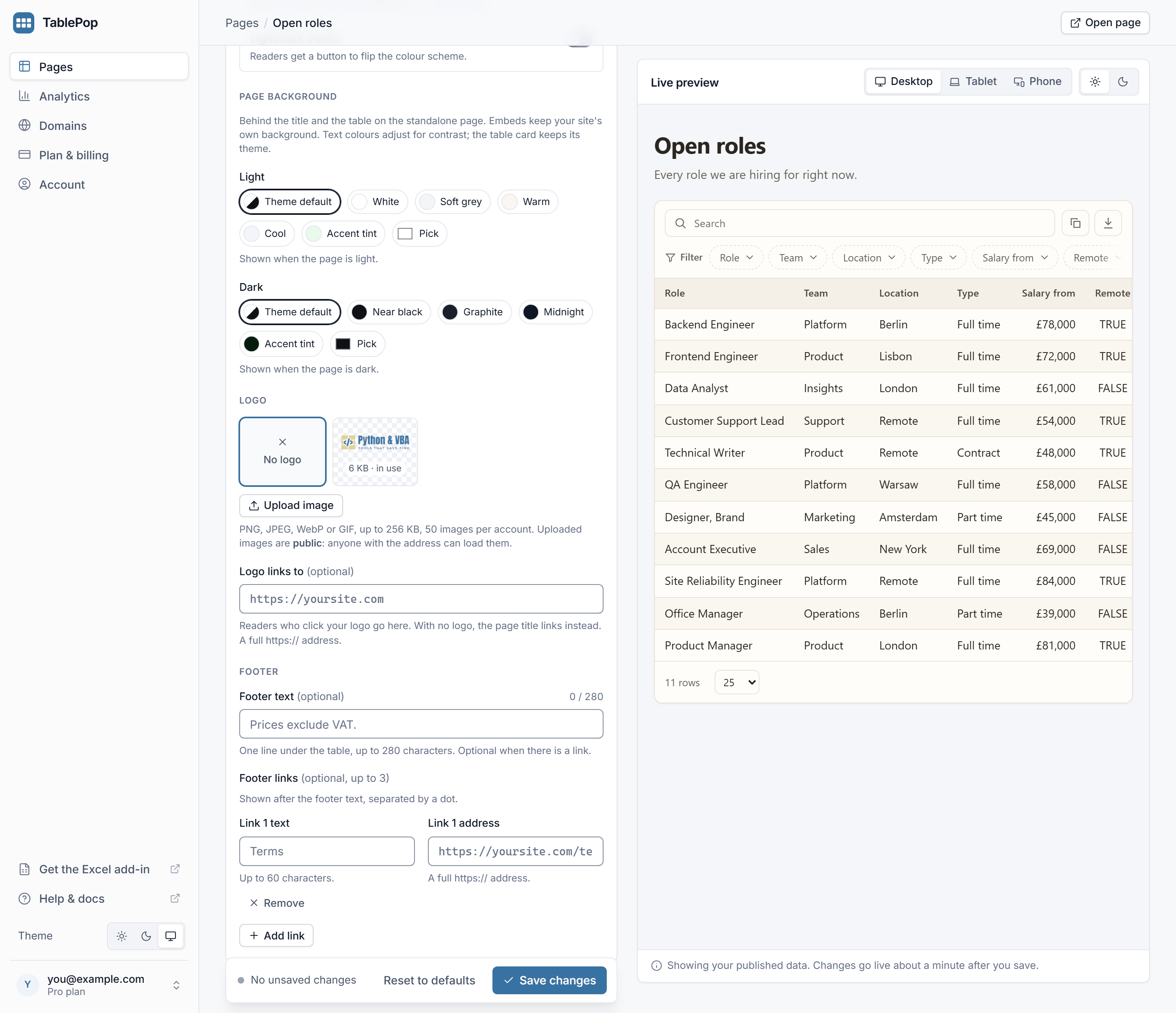 The Page and embed group of the Design tab with the Light and Dark page background swatches, the logo upload, the Logo links to field and the footer text and link fields, next to the live preview
