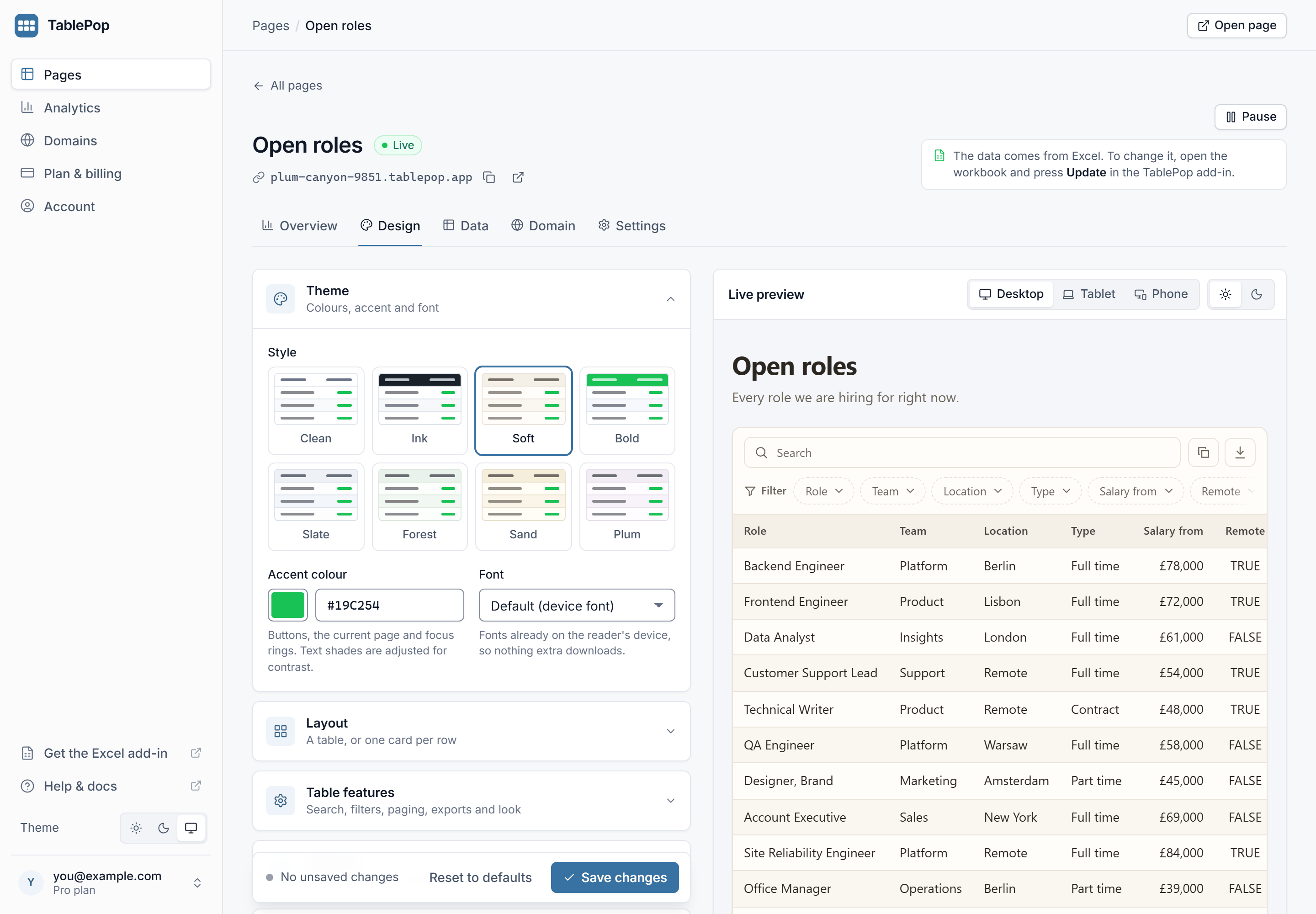 The Design tab in the TablePop dashboard, with the settings groups on the left and the live preview of the page on the right