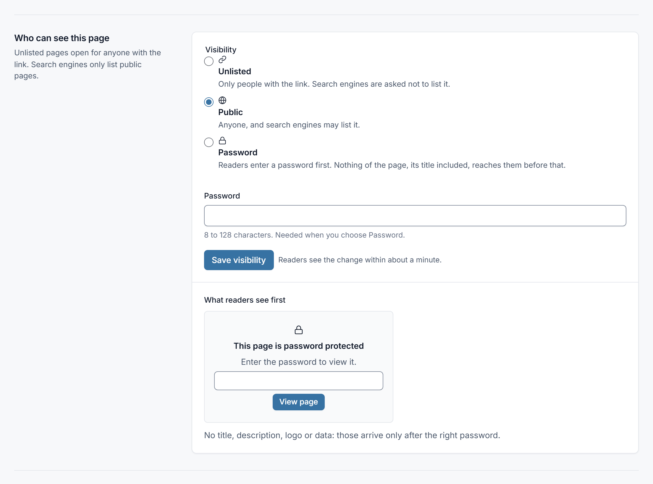 The Who can see this page section in the TablePop dashboard, with Unlisted, Public and Password options and a preview of the lock screen