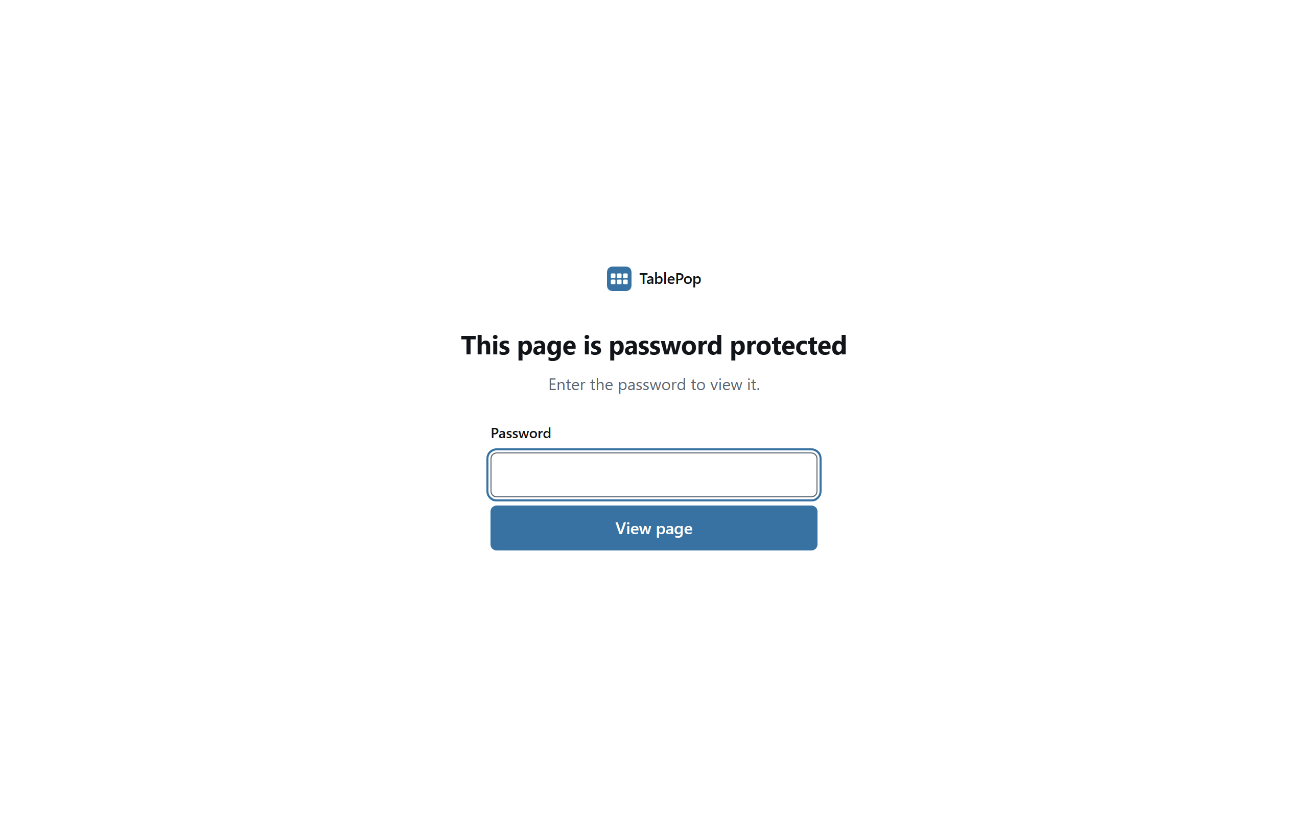Password lock screen: This page is password protected, a password field and a View page button, with no title or data shown