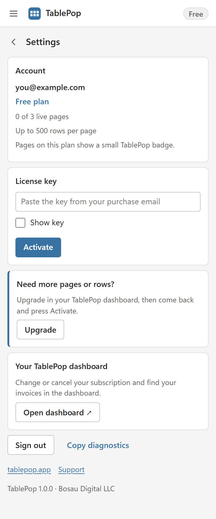 The Settings view of the TablePop pane on a Free account, with the License key field and the Activate button