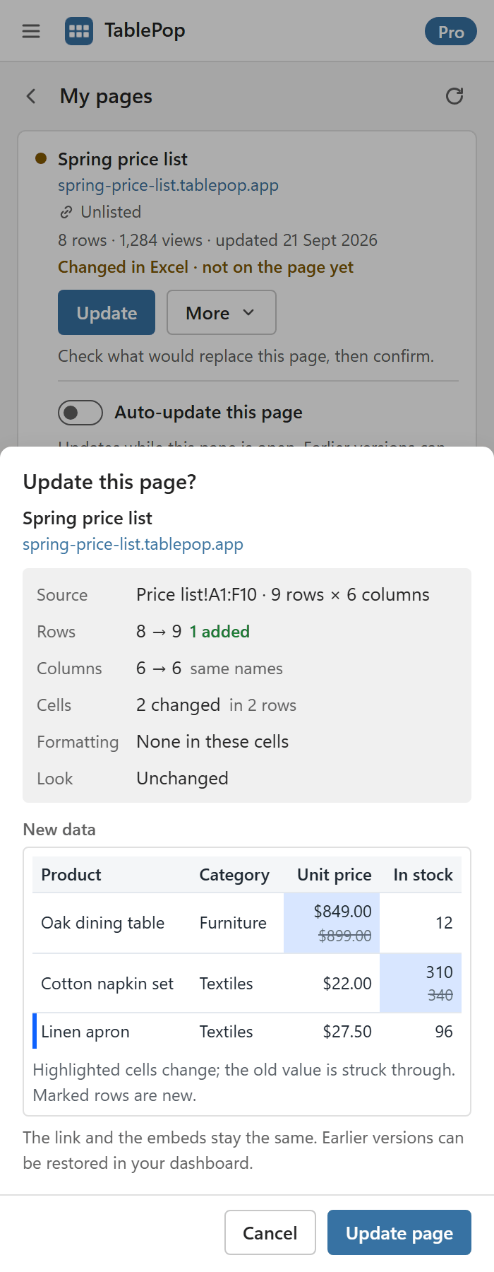 The Update this page review in the TablePop pane, listing rows before and after, the number of changed cells and a preview of the new data