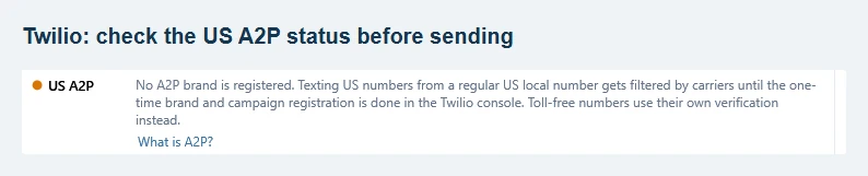 Twilio page US A2P row showing an account with no registered brand.