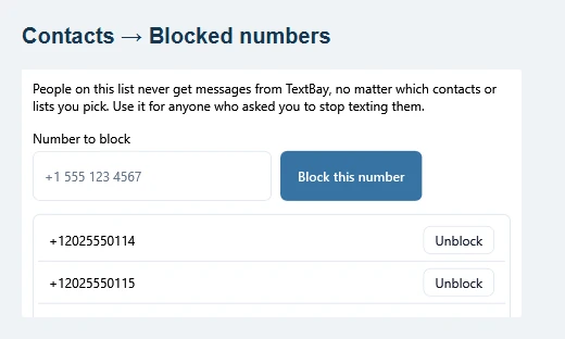 Blocked numbers dialog: Number to block and Block this number, with Unblock beside each listed number.
