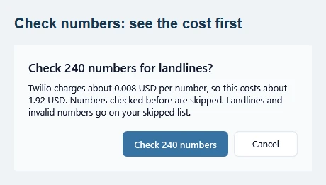 Check 240 numbers for landlines? Twilio charges about 0.008 USD per number, so this costs about 1.92 USD, with Check 240 numbers and Cancel buttons.