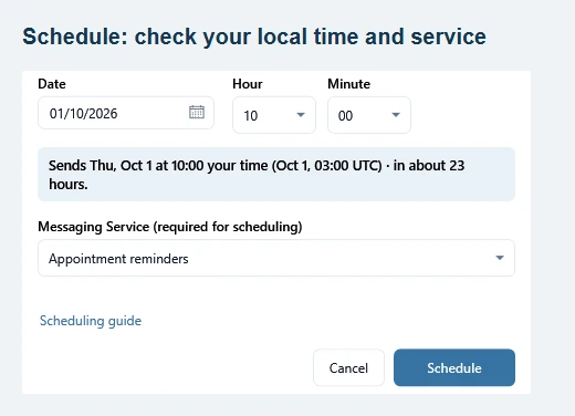 Schedule dialog: local date and time, UTC summary and the required Messaging Service selector.