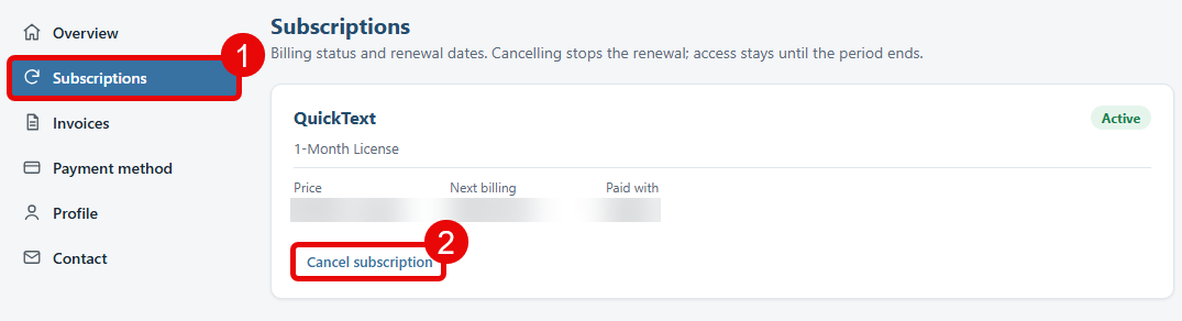 The Subscriptions page of the account portal with the Cancel subscription link under a plan