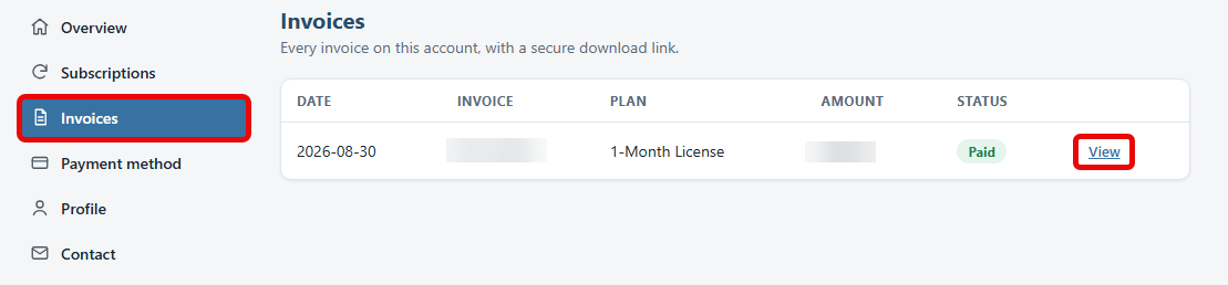 The Invoices page of the account portal with the View link on an invoice row