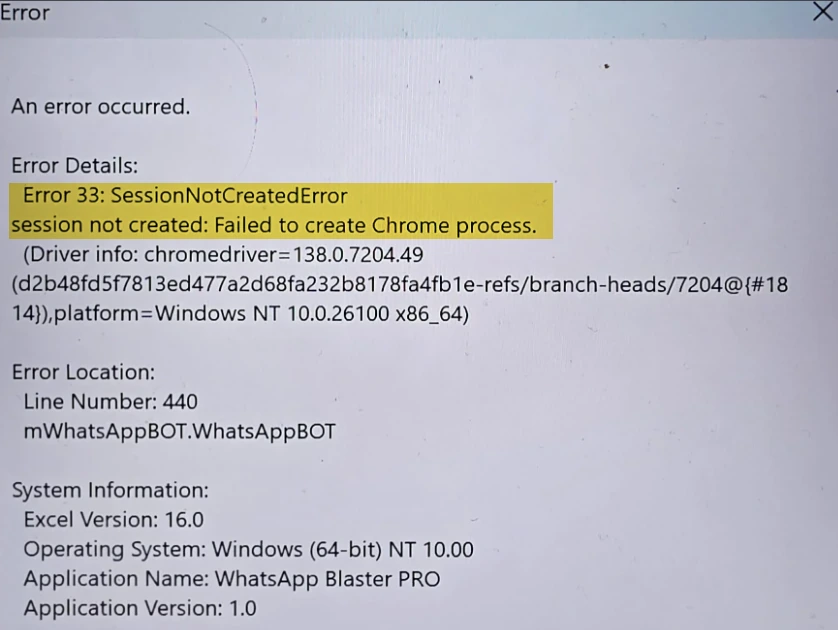 Error 33: SessionNotCreatedError
