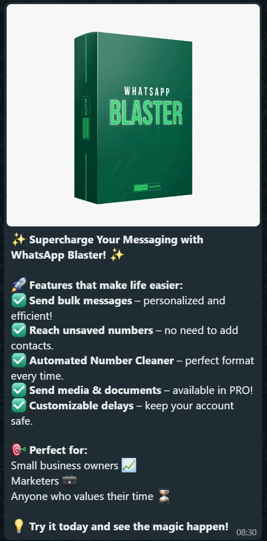 WhatsApp message showing the formatted promotional text with line breaks