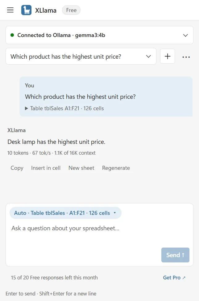 An answer in XLlama with the line 10 tokens, 67 tok/s, 1.1K of 16K context and a Regenerate button