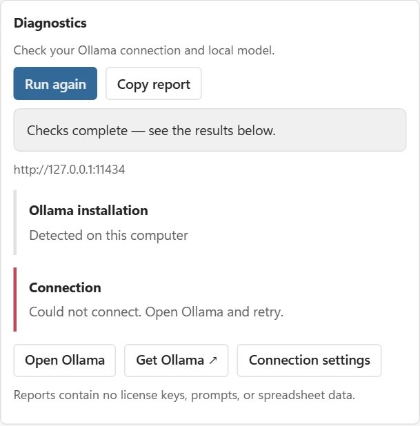 Diagnostics identifying an Ollama connection failure, with Open Ollama and Copy report controls