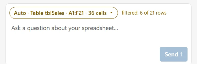 The chip shows 36 cells and the note filtered: 6 of 21 rows