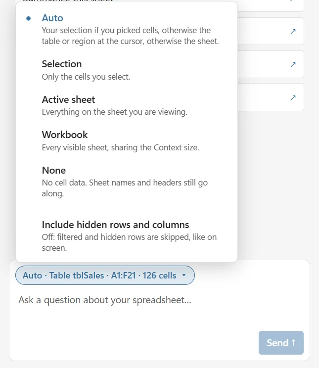 The chip menu with Auto, Selection, Active sheet, Workbook and None, and the switch Include hidden rows and columns