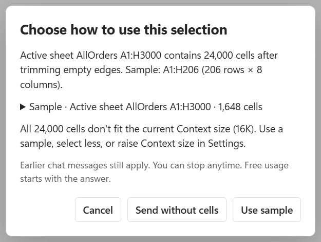 The window Choose how to use this selection, saying 24,000 cells don't fit the current Context size (16K)