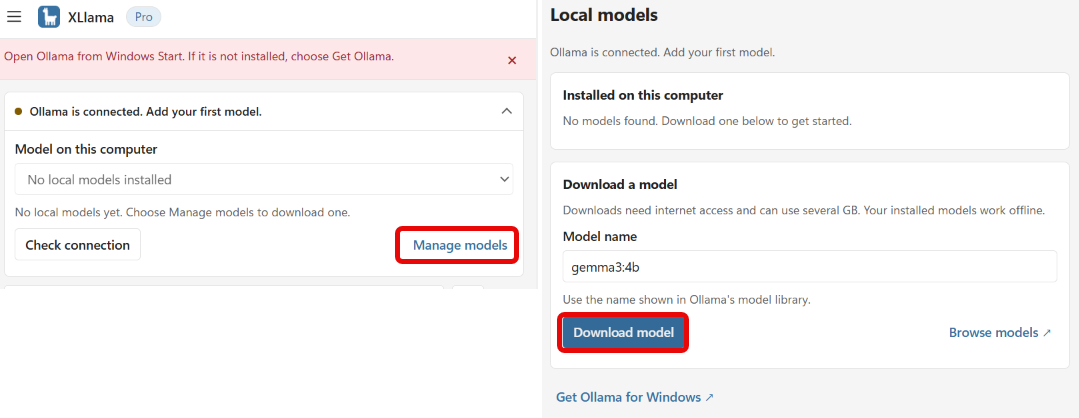 Open Manage models, enter a local model name and choose Download model.