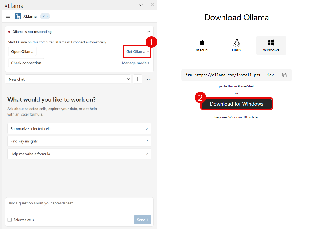 Get Ollama opens the Windows download page.